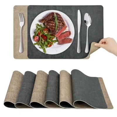 Afbeelding van KitchenBoss Placemat, wasbaar, kunststof: dubbelzijdige placemats, set van 6 placemats (abrikoos grijs), hittebestendig en antislip, 43 x 30 cm