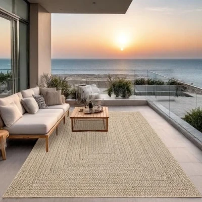 Afbeelding van Jute look vloerkleed voor binnen en buiten 120x170 cm Rechthoek Laagpolig natuurlijke tuin, balkon, terras of indoor kleed buitentapijt tuintapijt KANSAS by The Carpet