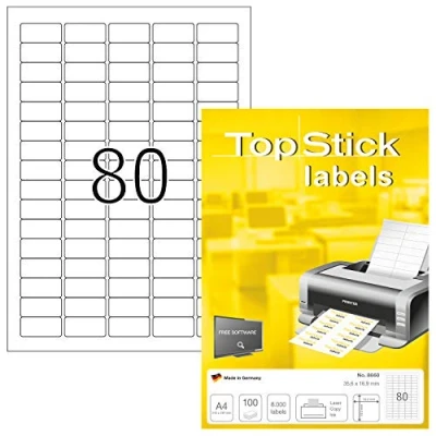 Afbeelding van TopStick 8660 universele etiketten 100 vellen 35,6 x 16,9 mm, 80 per A4 vel, 8.000 etiketten, zelfklevend, bedrukbaar, mat, wit