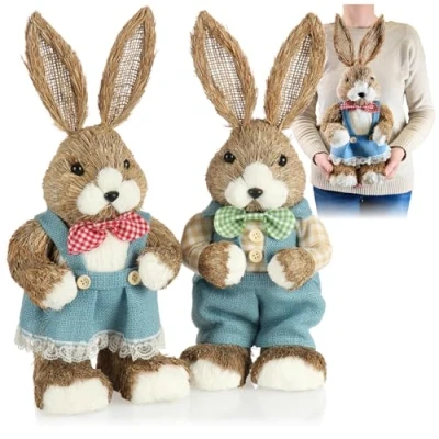 Afbeelding van COM FOUR® 2 x XL paashaas van stro, handgemaakt, 42 cm, decoratieve voor paasdecoratie, strofiguren Pasen (02 stuks, dames + heren)