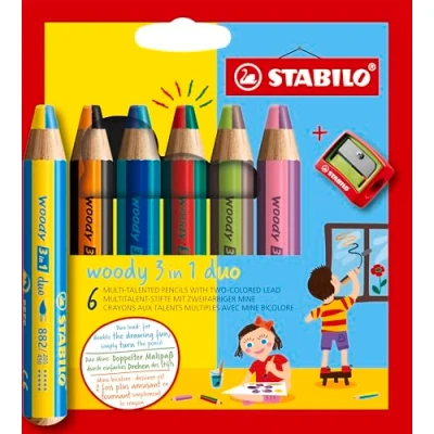 Afbeelding van Kleurpotloden STABILO 882 woody 3 in 1 duo inclusief puntenslijper assorti etui 6 à stuks
