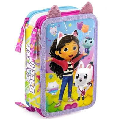 Afbeelding van Clondo Drievoudig gevulde etui voor kinderen, 45 schoolaccessoires, 3 ritssluitingen, georganiseerde vakken, kleurpotloden, viltstiften, lijm, schaar, meisjes en jongens, GBY Dollhouse 24, Themastijl