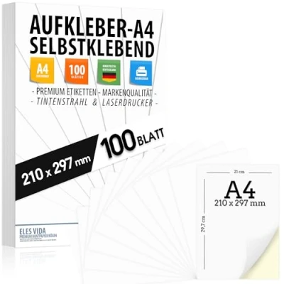 Afbeelding van Lot de 100 étiquettes autocollantes DIN A4, 210 x 297 mm, imprimables universelles, surface blanche mate, compatibles avec les imprimantes à jet d&#039;encre et laser, autocollants pour nombreuses