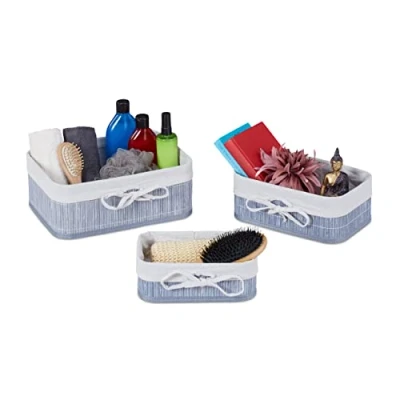 Afbeelding van Relaxdays opbergmand bamboe badkamermand set van 3 toiletmand kastmand grijs