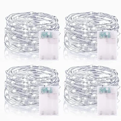 Afbeelding van Vacoulery led lichtsnoer, werkt op batterijen, 5 m, 50 leds, micro batterij, voor binnen en buiten, slaapkamer, Kerstmis, bruiloft, dennenboom, decoratie (4 stuks, koud wit)