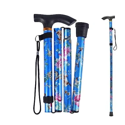 Afbeelding van ZHjuju wandelstok, flexibele blauwe bloem, opvouwbare in hoogte verstelbaar, luxe uniseks, voor thuis en op reis