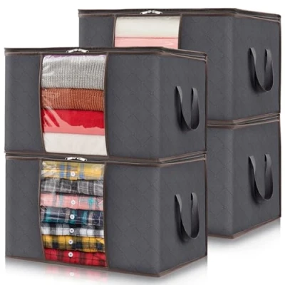 Afbeelding van Lifewit 4 stuks opbergzakken voor kleding, 60 liter, opbergdoos, verhuizing, opbergbak dekens, dekbedden, opvouwbare opbergdoos met versterkt handvat, grijs