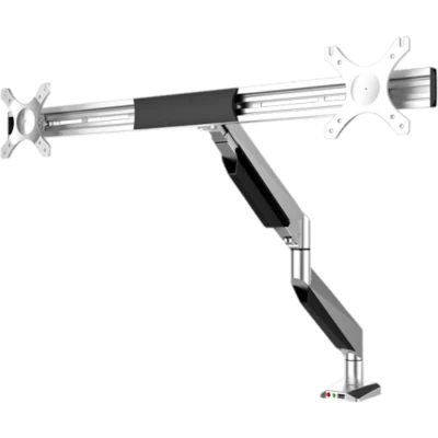 Afbeelding van DESQ® Monitorarm voor 2 Beeldschermen met Gasveer 17/27 Inch Bureauklem + Bladdoorvoer set Front loading ports Zilver