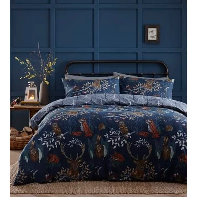 Afbeelding van furn. Forest Fauna 3 delige beddengoedset voor kingsize bed, katoen, polyester, marineblauw (FORESTF/D03/NVY), blauw