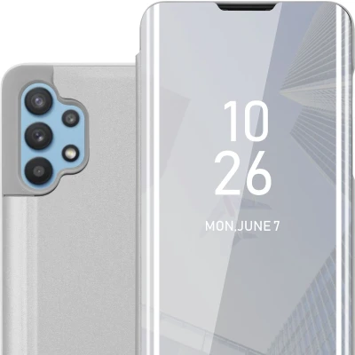 Afbeelding van Cadorabo Hoesje geschikt voor Samsung Galaxy A32 5G in AGAAT ZILVER Clear View Spiegel Beschermende Case met Tribunefunctie 360 Graden Bescherming Book Cover Etui