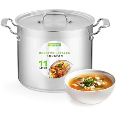 Afbeelding van NutriChef Kookpot 11 Liter Soeppot Roestvrijstalen Kookpan Grote Stoofpot met Deksel Sudderpot Vaatwasmachinebestendig Compatibel Inductie , Keramische en Halogeen Kookplaten