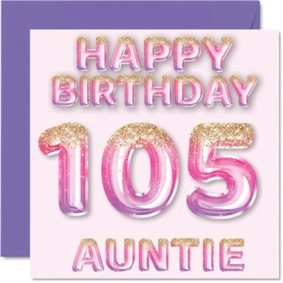 Afbeelding van Verjaardagskaart voor tante, 105 jaar, roze en paarse glitterballonnen, verjaardagskaarten tante van neef nichtje, 145 mm x