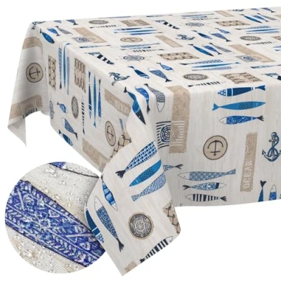 Afbeelding van Tafelkleed van katoen en polyester, wasbaar, onderhoudsvriendelijk, zeemotief, 100 x 140 cm, snijrand