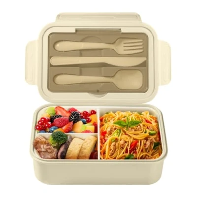 Image de Diboniur Lunch Box, Bento Box Enfant Adulte Boîte 1400ml avec 3 Compartiments, Anti Fuite Lunchbox Couverts, Convient pour Micro onde Lave vaisselle, École Pique Nique Travail (Kaki)