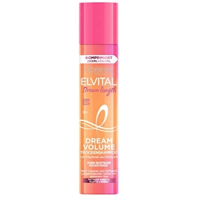 Image de L&#039;Oréal Paris Elvital Shampooing sec pour cheveux plats, parfum 24h, sans résidus visibles, contre les graisses, avec vitamines et huile de ricin, Dream Volume Dry 200 ml