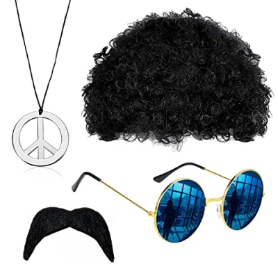 Afbeelding van VIKSAUN Ensemble de Costume Hippie, Perruque Afro, Funky Lunettes Soleil, Collier Signe Paix, Fausses Moustaches Auto adhésives, pour Carnaval ou fêtes à thème, Style Disco 70&#039;s, 4 Psc, Taille unique