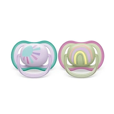 Afbeelding van Philips Avent Ultra Air fopspeen 2 lichte en luchtige babyfopspenen voor baby&#039;s van 0 tot 6 maanden, BPA vrij met steriliserende draagtas (model SCF085/59)