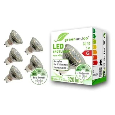 Afbeelding van 5 x greenandco® CRI 90+ led spot, dimbaar, GU10, W, komt overeen met 39 320 lm, 3000 K, warm wit, 110 graden, 230 V, geen flikkeren, dimbaar zonder dimmer