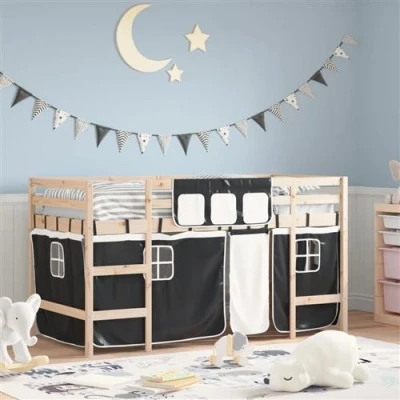 Afbeelding van vidaXL Kinderhoogslaper met gordijnen 90x190 cm grenenhout wit zwart