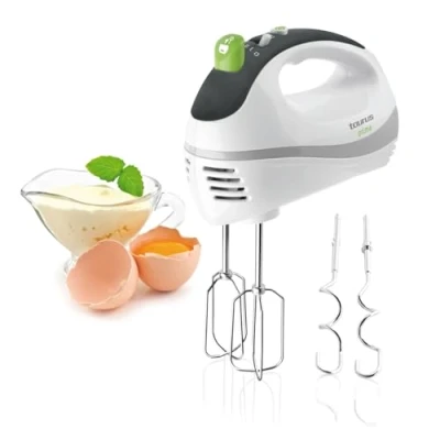 Afbeelding van Taurus Station Inox elektrische mixer voor bakken, 300 W, 5 snelheden, turbo functie, 2 soorten garde: kneedhaken en garde, afneembare BPA vrij, compact, wit