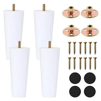 Afbeelding van XineYuor 4 stuks witte meubelpoten van hout, bedvoet massief met accessoires, bankpoten voor fauteuil, nachtkastje, kast, lade (12 cm, wit)