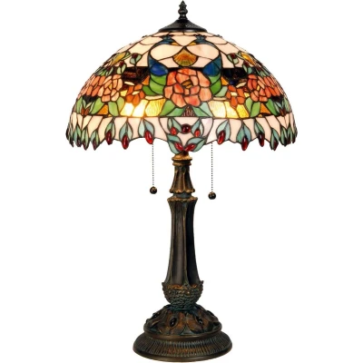 Afbeelding van LumiLamp Tiffany Tafellamp Ø 41x67 cm Rood Groen Glas Halfrond Roos Bureaulamp