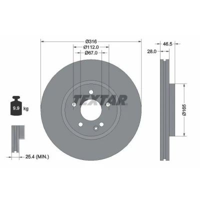 Afbeelding van TEXTAR 92073100 Remschijf 316 28 05/06 112 interne ventilatie Zonder wielbevestigingsbout, wielnaaf MERCEDES BENZ: C Class Saloon