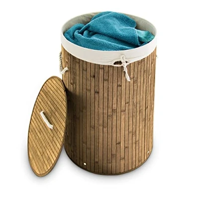 Afbeelding van Relaxdays wasmand bamboe wasbox met deksel 70 liter rond 65 x 41 cm Naturel
