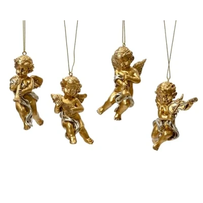Afbeelding van Keramische kerstdecoratie, 8 cm, engelfiguur om op te hangen, 1 stuk, bijpassende kerstboomhanger, kerstboomhanger en kerstboomversiering, gouden engel