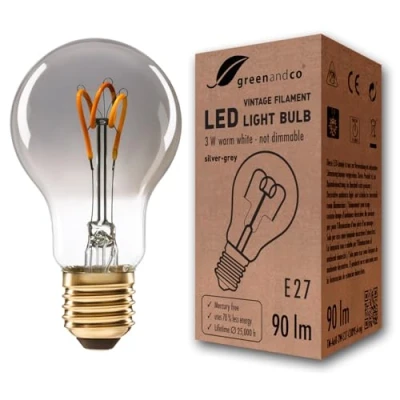 Afbeelding van greenandco® Vintage led gloeilamp, E27, A60, zilvergrijs, 3 W, 90 lm, 1800 K, warm wit, 360 graden, 230 V, niet dimbaar