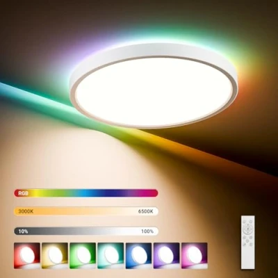 Afbeelding van LQWELL® Dimbare led plafondlamp met afstandsbediening, 24 W, 2500 lm, 3000 6500 K, RGB LED, ronde en platte plafondverlichting, IP44, voor woonkamer, slaapkamer, eetkamer, balkon, hal, 300 x 40 mm