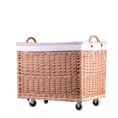 Afbeelding van e wicker24 Opbergkist, rechthoekige wasmand, rieten mand met wielen en stoffen voering, opbergkoffer, mand, doos (natuurlijk_roze)
