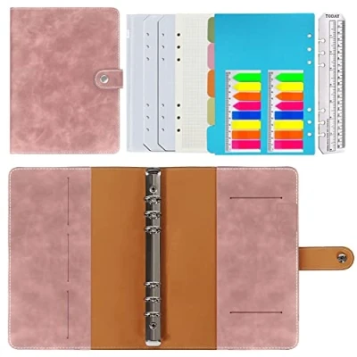 Afbeelding van A5 ringboek, navulbaar, PU leer, formaat, dagboek, echt papier, binnenvakken voor reizen, werk en organizer, cadeau meisjes jongens, roze