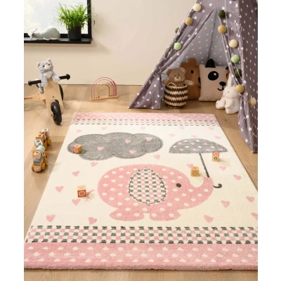Afbeelding van Vloerkleed Kinderkamer Olifant Adventures Crème/roze 120x170 Cm