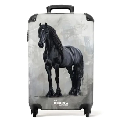 Afbeelding van NoBoringSuitcases.com® Handbagage koffer lichtgewicht Reiskoffer trolley Statisch portret van een zwart paard Rolkoffer met wieltjes Past binnen 55x40x20 en 55x35x25