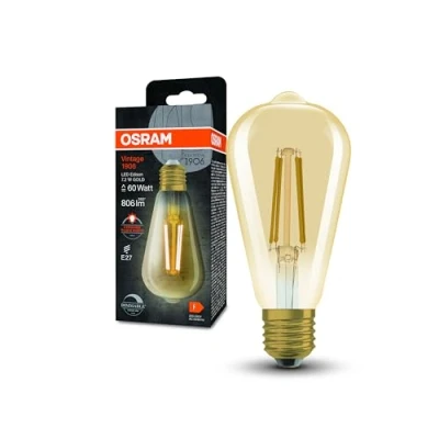 Afbeelding van OSRAM Vintage 1906® Classic Edison FIL 60 ledlamp, E27, dimbaar, vorm, goud, 7,2 W, 806 lm, 2400 K, verminderd warm wit licht, laag verbruik, lange levensduur