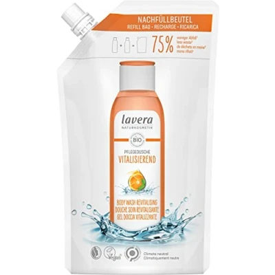 Afbeelding van lavera Navulzak voor douche, revitaliserende verzorging, natuurlijke cosmetica, veganistisch, gecertificeerd, douchegel, met biologische sinaasappel en munt, biologisch afbreekbare