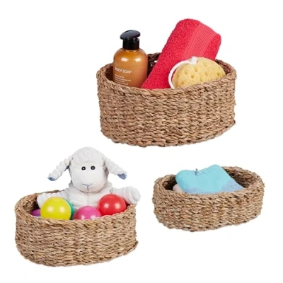 Afbeelding van Relaxdays gevlochten opbergmand set van 3 kleine zeegras mand badkamer toiletmand