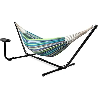 Afbeelding van Vita5 Hangmat met Standaard 2 Persoons Incl. Bekerhouder 205kg Draaggewicht Groen/Blauw