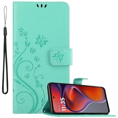 Afbeelding van Cadorabo Hoesje geschikt voor Motorola Moto G15 in BLOEMEN TURKOOIS Beschermhoes bloemmotief met magnetische sluiting, standfunctie en kaartsleuven Book Case Cover Etui