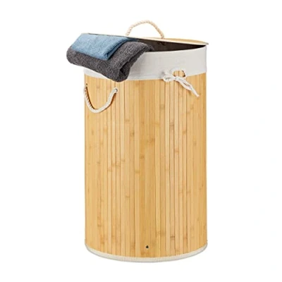 Afbeelding van Relaxdays wasmand bamboe wasbox met deksel 70 liter rond 65 x 41 cm crème