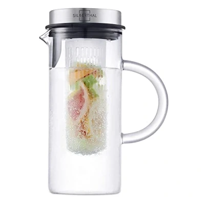 Afbeelding van Silberthal Waterkaraf 1 L Glas met fruitinzet Waterkan Automatische sluiting Schenkkan Cadeau