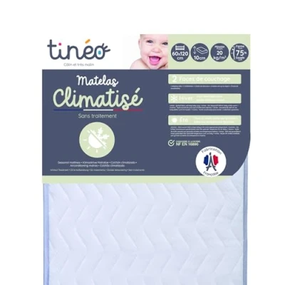 Afbeelding van TINÉO Matras met airconditioning 60 x 120 10 cm babymatras 1 kant zomer winter zonder behandeling dichtheid 20 kg/m3 Gemaakt in Frankrijk