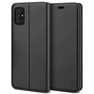 Afbeelding van BEZ® Beschermhoes voor Samsung Galaxy A51, van hoogwaardig leer, flip case, met creditcardvakken, magneetsluiting, zwart