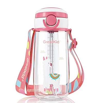 Afbeelding van Drinkfles voor kinderen met rietje, 500 ml, BPA vrij, rietje volwassenen, klapdeksel, draagriem, transportlus, waterdicht, meisjes en jongens, geschikt kinderen, roze