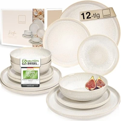 Afbeelding van SÄNGER Corfu 12 delig tafelservies voor 4 personen, handgemaakt aardewerk servies, bordenset met platte borden, dessertborden, soepborden,