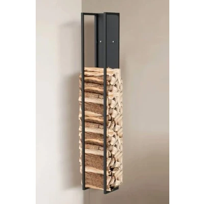 Afbeelding van DanDiBo Brandhoutrek voor binnen van zwart metaal met achterwand opgehangen aan de muur (hoogte 160 cm)