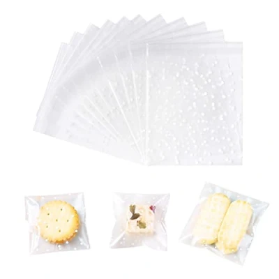 Afbeelding van 200 stuks transparante cellofaanzakjes met zelfklevende sluiting, kleine plastic verpakkingszakken witte stippen voor bakkerij, koekjes, snoep, geschenken (8 x 10 + 3 cm)