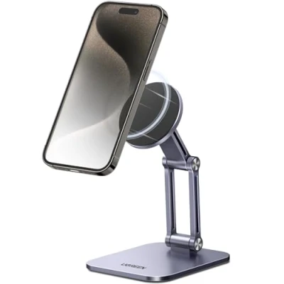Afbeelding van UGREEN Magnetische telefoonhouder voor bureau, verstelbaar, magnetisch, opvouwbaar, met metalen ringen, compatibel MagSafe iPhone 16 Plus Pro Max 15 14 13 Galaxy S24 Ultra S23 (zwart)