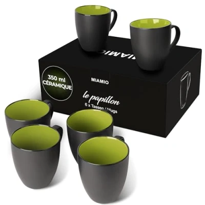 Afbeelding van MIAMIO 6 x 350 ml koffiemok van aardewerk/bekerset Le Papillon collectie (groen zwart)